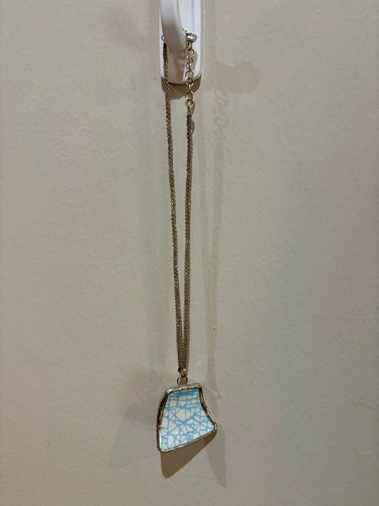 Silver Chain Necklace With Blue Mosaic Pendant Made With Broken China